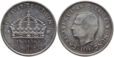 Швеция 1 крона 2008 Карл XVI Густав (1973- ) KM 894 медно-никель 85-1126