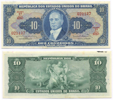 БРАЗИЛИЯ 10 КРУЗЕЙРО 1963 ESTAMPA 1A, СЕРИЯ 878А Pick 167b бумага аUNC 8595-29-2-2