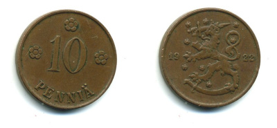 Финляндия 10 пенни 1922 республика (1918-1962) KM 24 медь 46-564