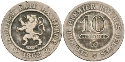 Бельгия 10 сантимов 1862 Belges KM 22 медно-никель 190-723