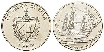Куба 1 песо 2008 парусник Принсипе де Астуриас KM 901 медно-никель  UNC  00-00