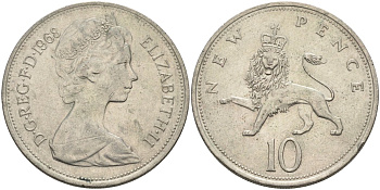 Великобритания 10 пенсов 1968 Елизавета II (1952-2022) KM 912, Spink 4231 (F1) медно-никель 81-1216