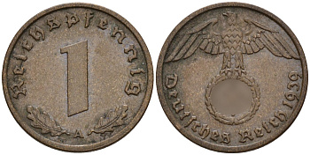 Германия 1 рейхспфенниг 1939 A KM 89, J. 361 бронза 4147-1154