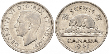 Канада 5 центов 1941 бобр, Георг VI (1937-1952) KM 33 никель 73-1213