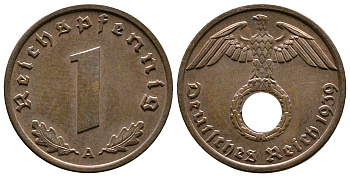 Германия 1 рейхспфенниг 1939 A KM 89, J. 361 бронза    220-356