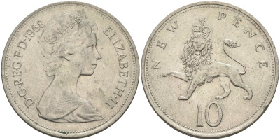 Великобритания 10 пенсов 1968 Елизавета II (1952-2022) KM 912, Spink 4231 (F1) медно-никель 4683-416