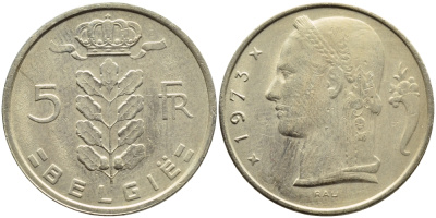БЕЛЬГИЯ 5 ФРАНКОВ 1973 BELGIE KM 135.1 медно-никель 4110-433
