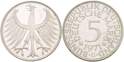 ФРГ 5 марок 1971 G KM 112.1, Jager 387 серебро 4542-1236