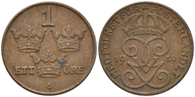 Швеция 1 эре 1950 Густав V (1907-1950) KM 777.2 бронза 4602-614