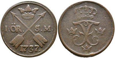 Швеция 1 эре 1737 S.M. Фредерик I (1720-1751) KM 416.1 медь 37-723