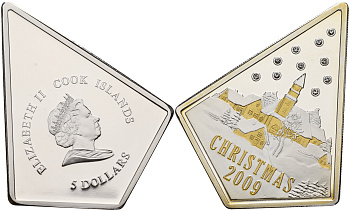 Острова Кука 5 долларов 2009 Рождество, Christmas, стразы, позолота серебро PROOF 1065-2-31