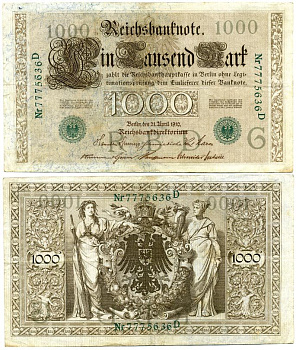 ГЕРМАНИЯ 1000 МАРОК 1910 ЗЕЛЕНАЯ ПЕЧАТЬ, 7 ЦИФР В НОМЕРЕ Pick 45b бумага 2192-75-1