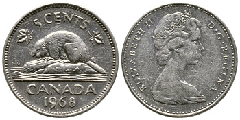 КАНАДА 5 ЦЕНТОВ 1968 БОБЕР KM 60.1 никель 84-1522