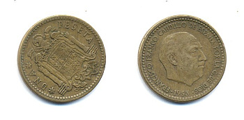 Испания 1 песета 1953 (56) Франциско Франко (1939-1975) KM 775 алюминиевая бронза 54-328