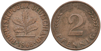 ФРГ 2 ПФЕННИГА 1968 D KM 106а, J.381а сталь плакированная медью 4567-911
