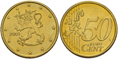 Финляндия 50 евроцентов 2001 из ролла KM 103 нордик UNC M4-14