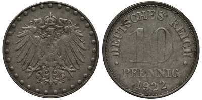 ГЕРМАНИЯ 10 ПФЕННИГОВ 1922 E, KM 20 , J. 298 железо 413-4344