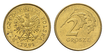 Польша 2 гроша 1991 Y 277 марганец латунь UNC 4674-939