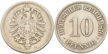 Германия 10 пфеннигов 1876 A, старогербовка KM 4, Jager 4, Weege 7 медно-никель 202-132