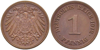 ГЕРМАНИЯ 1 ПФЕННИГ 1912 F KM 10, J. 10, Weege 2 медь 206-413