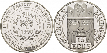 Франция 100 франков - 15 экю 1990 Карл I Великий (742-814) KM 989 серебро PROOF 00-000-00
