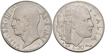 ИТАЛИЯ 20 ЧЕНТЕЗИМО 1942 R, ГОД XX, ВИКТОР ЭММАНУИЛ III (1900-1946), МАГНИТНАЯ, ГУРТ РИФЛЁНЫЙ KM 75b, VEM3. 1029 нержавеющая сталь 3853-426