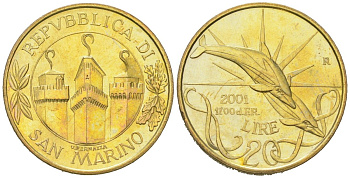 Сан-Марино 20 лир 2001 рак KM 425 алюминиевая бронза BU 4571-834