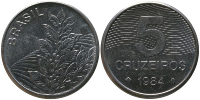 Бразилия 5 крузейро 1984 KM 591, Schon 100 нержавеющая сталь 4514-826