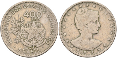 Бразилия 400 рейс 1901 голова свободы вправо KM 505 медно-никель 4367-232