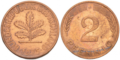 ФРГ 2 ПФЕННИГА 1975 J KM 106a, J.381a сталь плакированная сталь плакированная медьюю 4532-1255