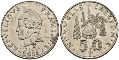 Французская Новая Каледония 50 франков 2004 хижина среди сосен и пальм, (IEOM) KM 13, Schoen 15, Lec 121 никель 4144-225