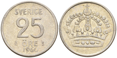 Швеция 25 эре 1960 TS, Густав VI Адольф (1950-1973) KM 824 серебро 4147-1113