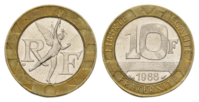 Франция 10 франков 1988 тип Гений Бастилии KM 964 биметалл 186-312