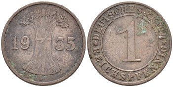 ГЕРМАНИЯ 1 РЕЙХСПФЕННИГ 1935 F KM 37 J.313 бронза 4588-343