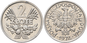 Польша 2 злотых 1974 MW, Народная Республика KM 46, Parchimowicz 216h алюминий 4526-433