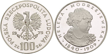Польша 100 злотых 1975 MW, Хелена Моджеевская (1840-1909), в оригинальной пластиковой упаковке KM 78, Parchimowicz 272 серебро PROOF 5-3-1-34