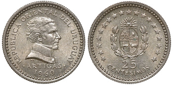 Уругвай 25 сентесимо 1960 KM 40 медно-никель 4169-845