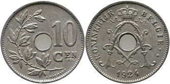 БЕЛЬГИЯ 10 САНТИМОВ 1924 BELGIE KM 86 медно-никель 4179-512