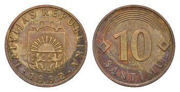 Латвия 10 сантимов 1992 KM 17 никель латунь 105-638