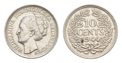 Нидерланды 10 центов 1944 Вильгельмина (1890-1948) KM 163 серебро aUNC 4630-224