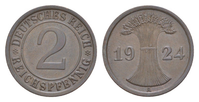 Германия 2 рейхспфеннига 1924 A KM 38, J. 314 бронза 4644-1058