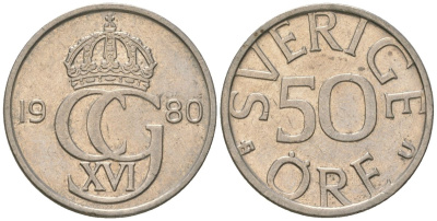 Швеция 50 эре 1980 U, Карл XVI Густав (1973-) KM 855 медно-никель UNC 4617-1154