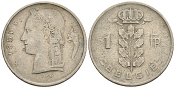 Бельгия 1 франк 1958 Belgique, Бодуэн I (1951-1993) KM 142.1 медно-никель 259-1037