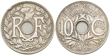 ФРАНЦИЯ 10 САНТИМОВ 1935 ТИП ЛИНДАЙЁ KM 866а, LE FRANC 138.22 медно-никель 210-1134