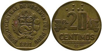 Перу 20 сентимо 1991 LIMA KM 306.1, Schon 105 латунь 4541-454