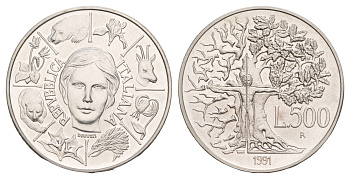 Италия 500 лир 1991 Флора и фауна KM 143 серебро BU 413-6323