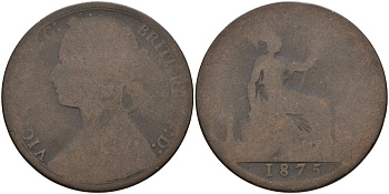Великобритания 1 пенни 1875 Виктория (1837-1901) KM 755, Spink 3954 бронза 4144-642