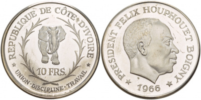 Берег слоновой кости 10 франков 1966 Президент Феликс Уфуэ-Буаньи, слон КМ 1 серебро PROOF 1081-4-63