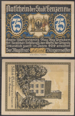 Ленцен на Эльбе 75 пфеннигов 1922 Grabowski 792.1-4/6 бумага UNC (пресс) 8601-8-3-2