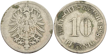 ГЕРМАНИЯ 10 ПФЕННИГОВ 1888 D, СТАРОГЕРБОВКА KM 4, J. 4 медно-никель 4401-332